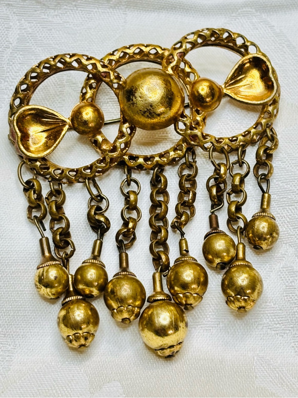 Antique Victorian-Revival 30’s Ornate C-clasp Brass Floral Filigree Brooch